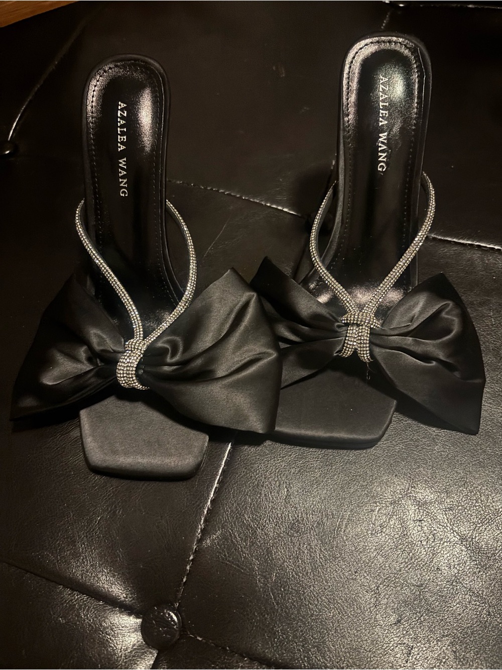 Azalea Wang Black Satin Bow Slide Mules with Crystal Accent